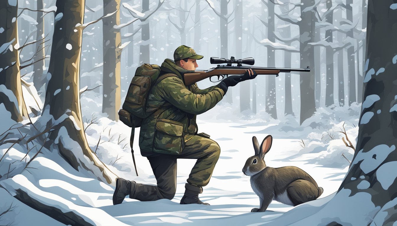 A hunter in camouflage aims a rifle at a rabbit in a snowy forest