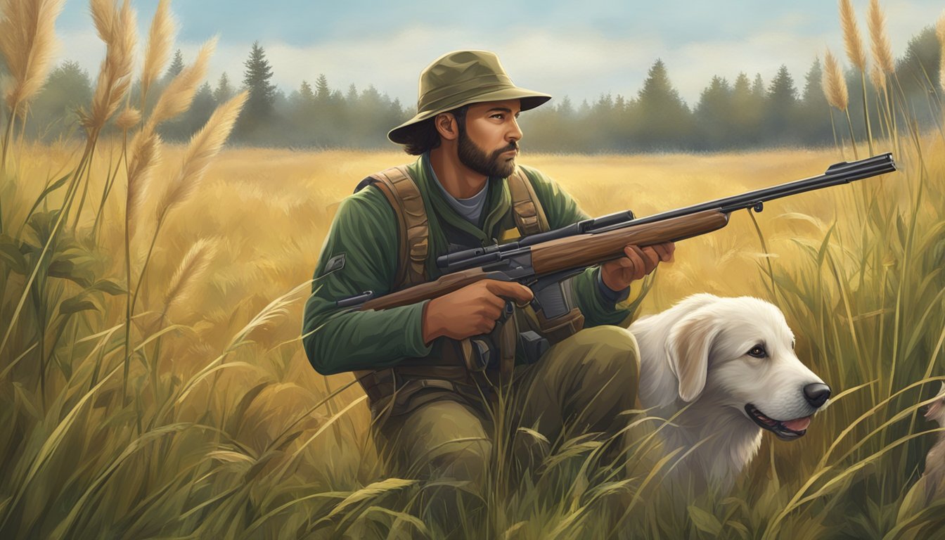 A hunter with a rifle and hunting dog in a field of tall grass, tracking a rabbit