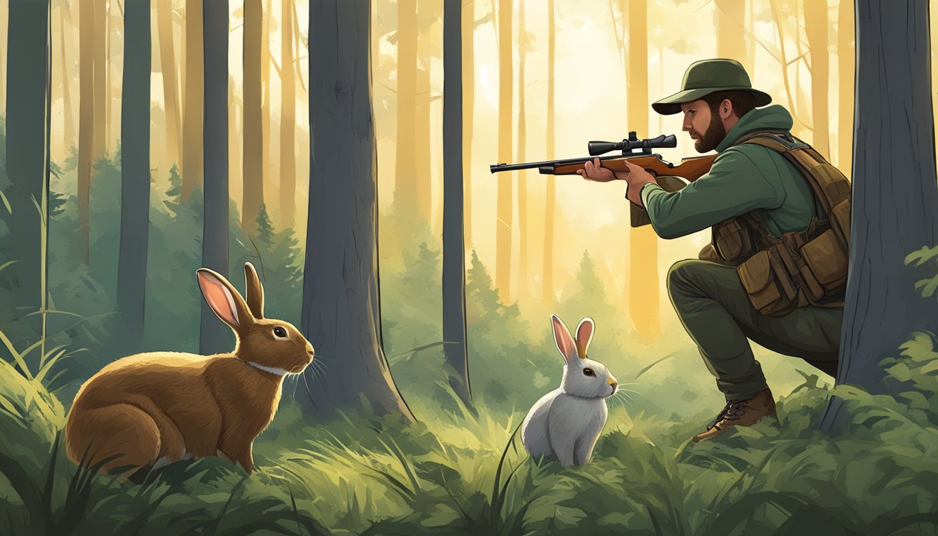 A hunter aiming a rifle at a rabbit in a forest clearing