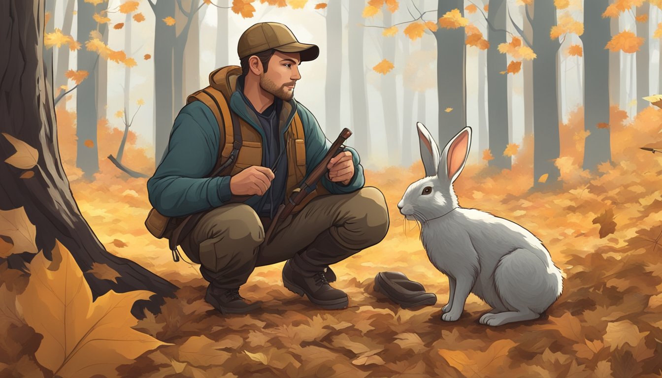 A hunter kneeling beside a freshly caught rabbit, surrounded by trees and fallen leaves