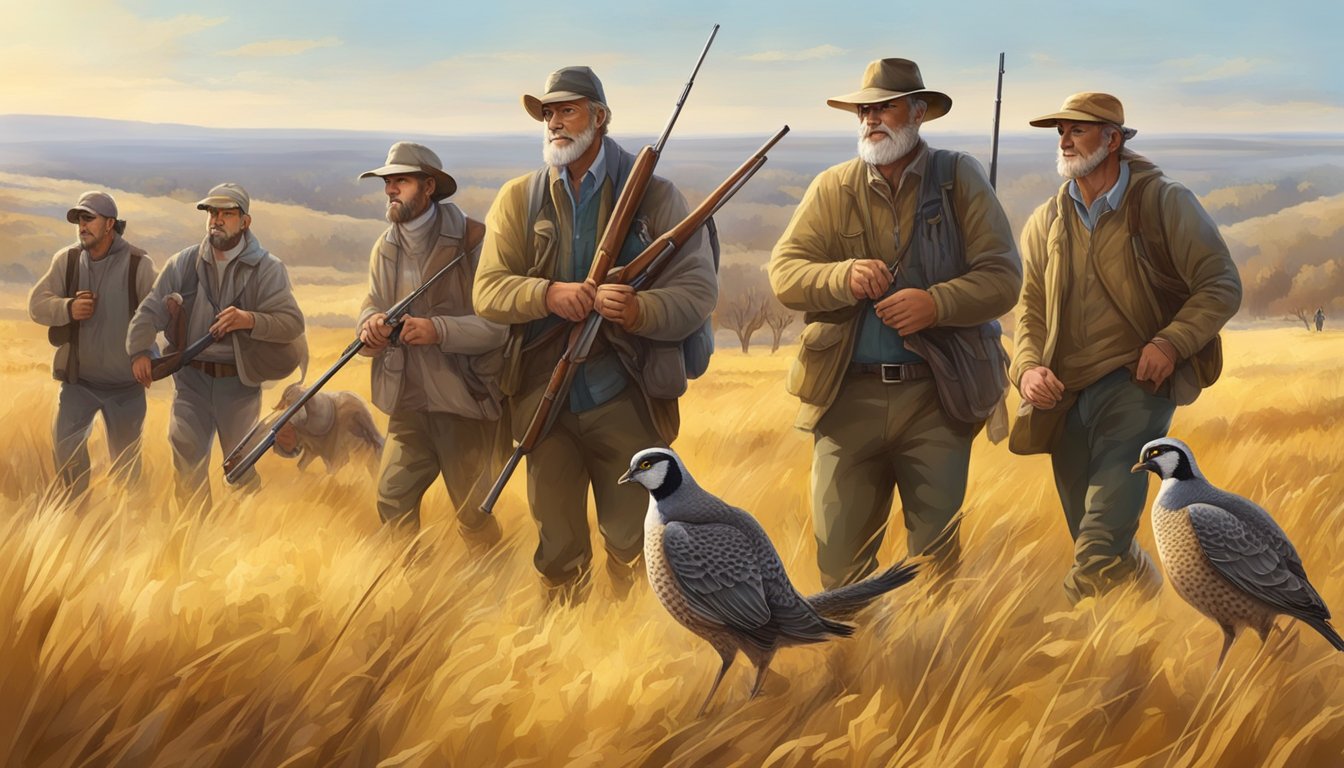 A group of hunters, accompanied by mentors, trek through a golden field in search of quail during hunting season