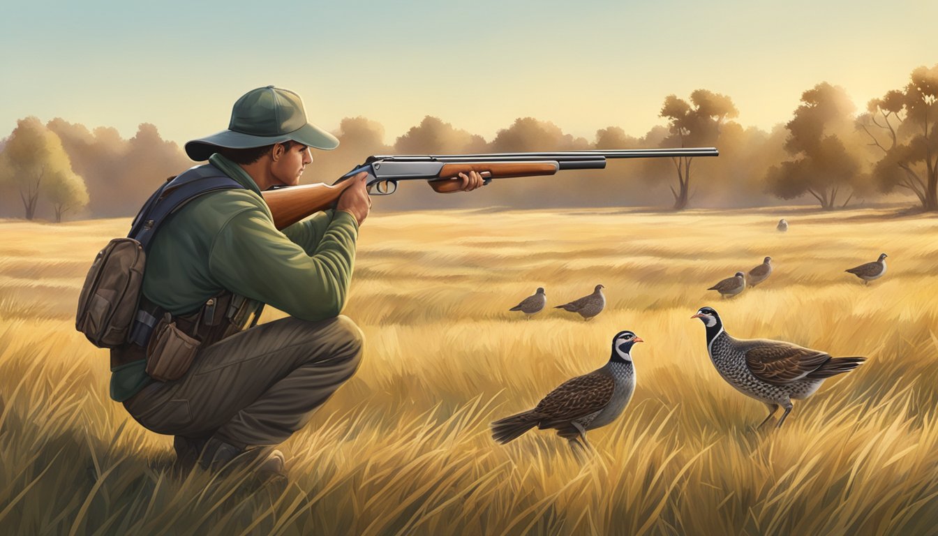 A hunter aiming a shotgun at a covey of quail in a grassy field