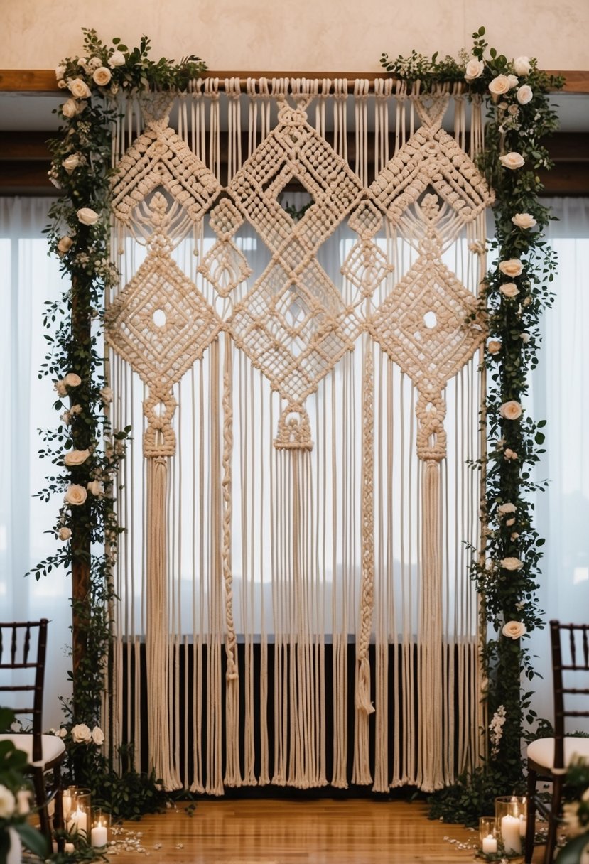 A large macrame wall hanging serves as a stunning backdrop for a wedding ceremony. Delicate knots and intricate patterns create a beautiful and romantic atmosphere