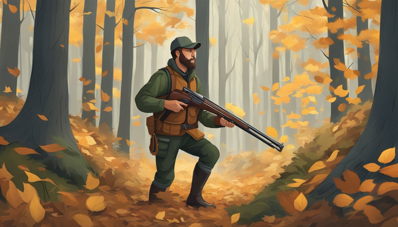 A hunter with a shotgun in a forest clearing, surrounded by fallen leaves and tall trees