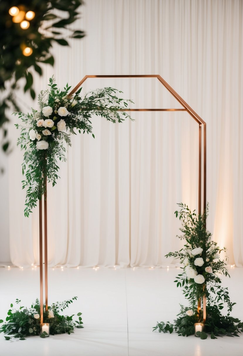 A geometric copper arch stands as a focal point in a minimalist wedding backdrop, surrounded by soft lighting and greenery