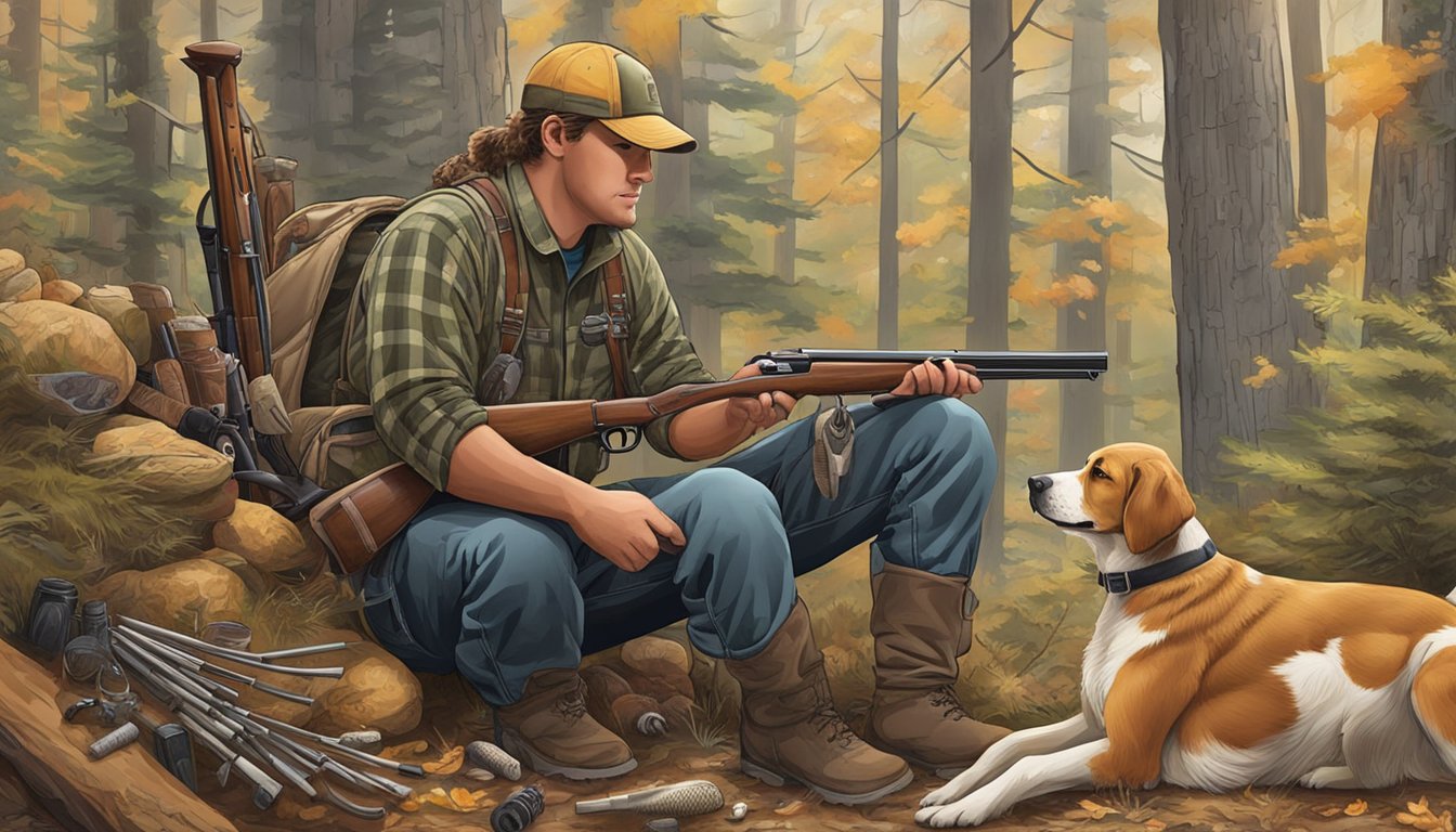 A hunter loads shells into a shotgun, surrounded by hunting gear and a loyal dog, preparing for ruffed grouse season