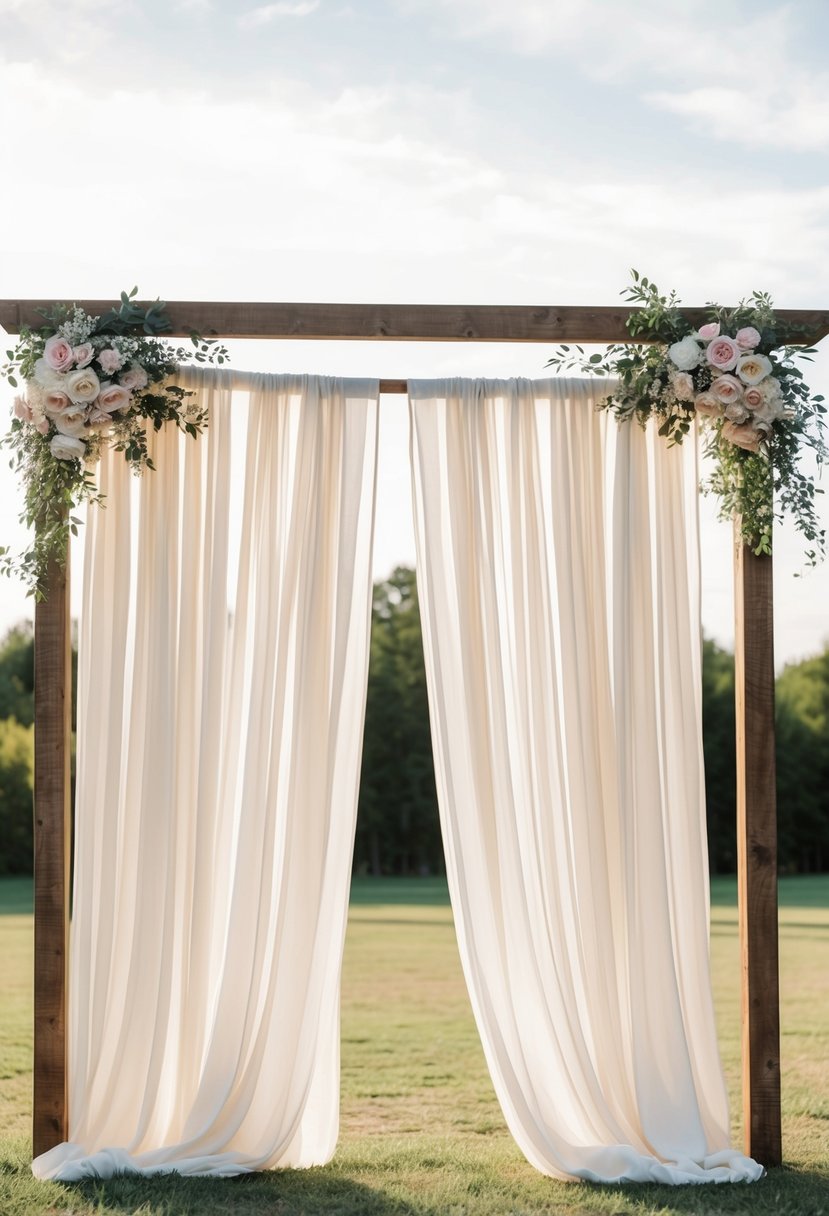 A rustic outdoor wedding backdrop, featuring fabric drapery panels hanging from a wooden frame, with soft lighting and floral accents