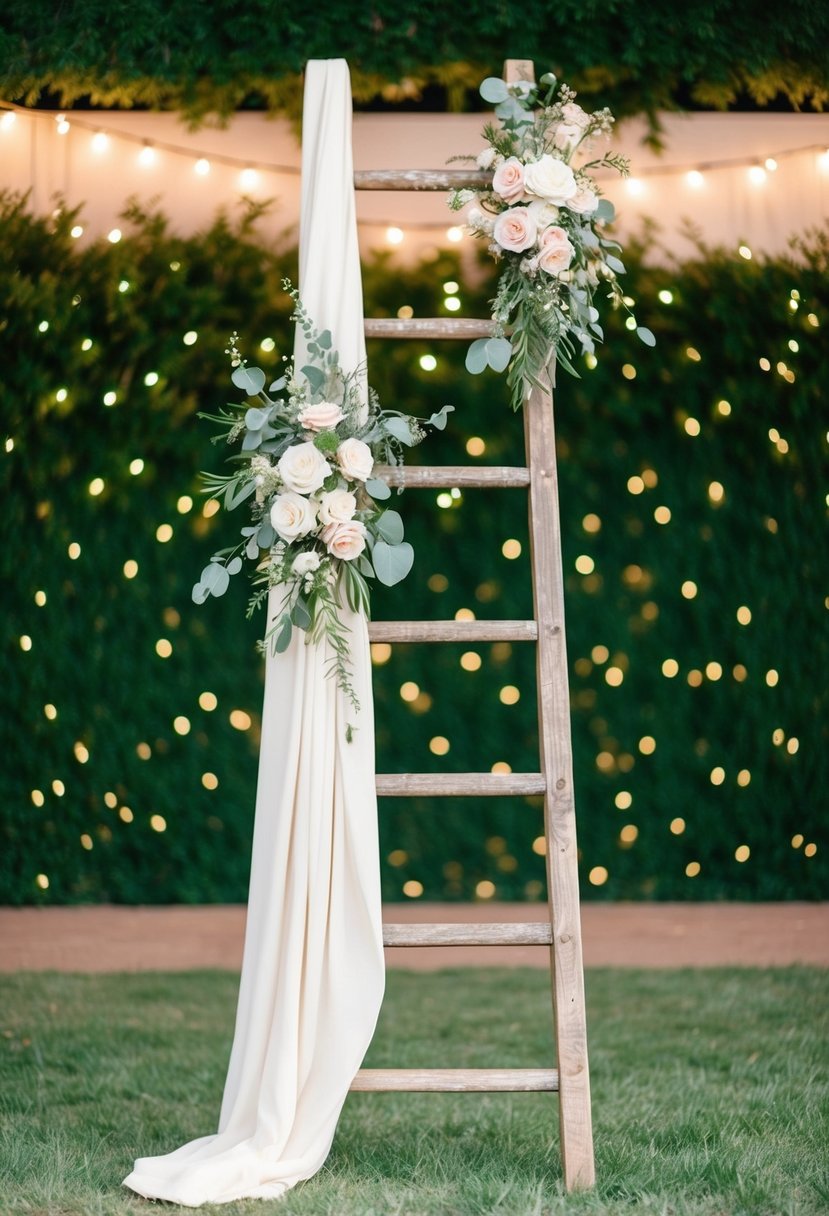 A rustic wooden ladder adorned with flowers and draped fabric, set against a backdrop of twinkling lights and greenery