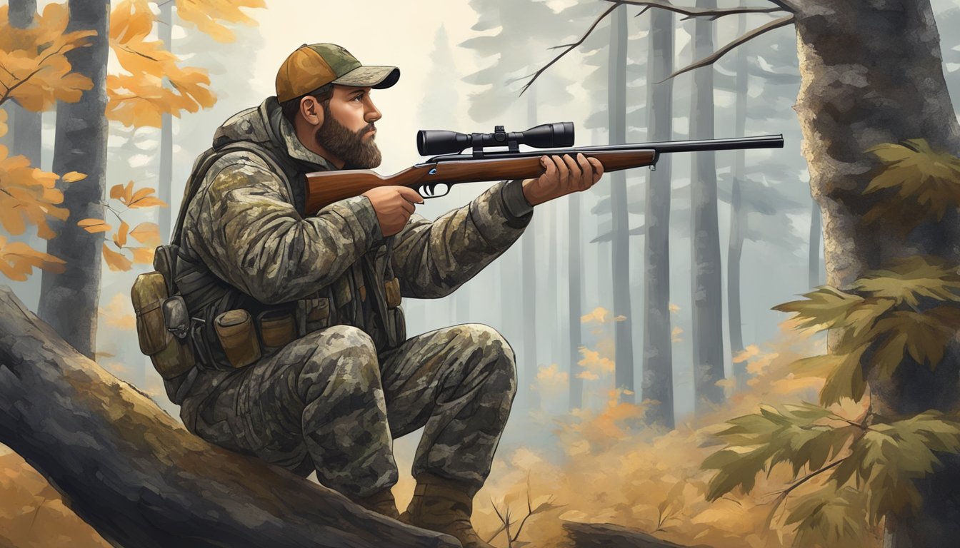 A hunter in camouflage aiming at a ruffed grouse perched on a tree branch in a dense forest during hunting season