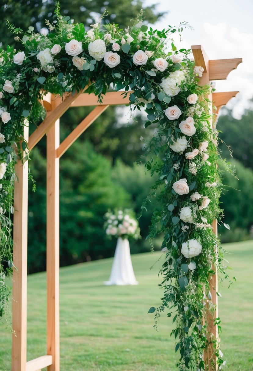 A wooden arch adorned with cascading greenery and flowers, creating a lush and romantic backdrop for a wedding ceremony