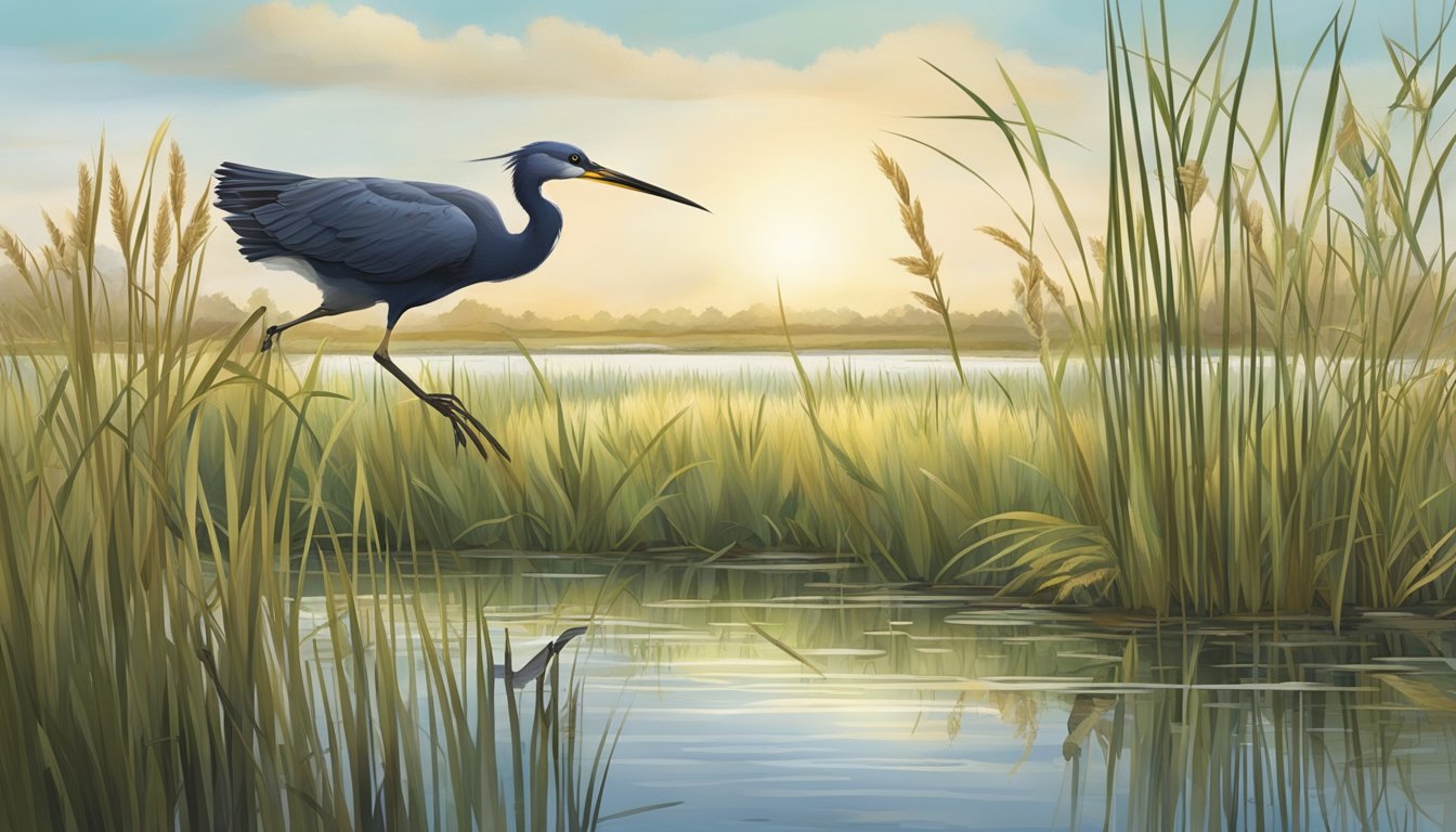 A wetland marsh with tall reeds and water, a rail bird foraging for food among the vegetation, while other rail species can be seen in the background