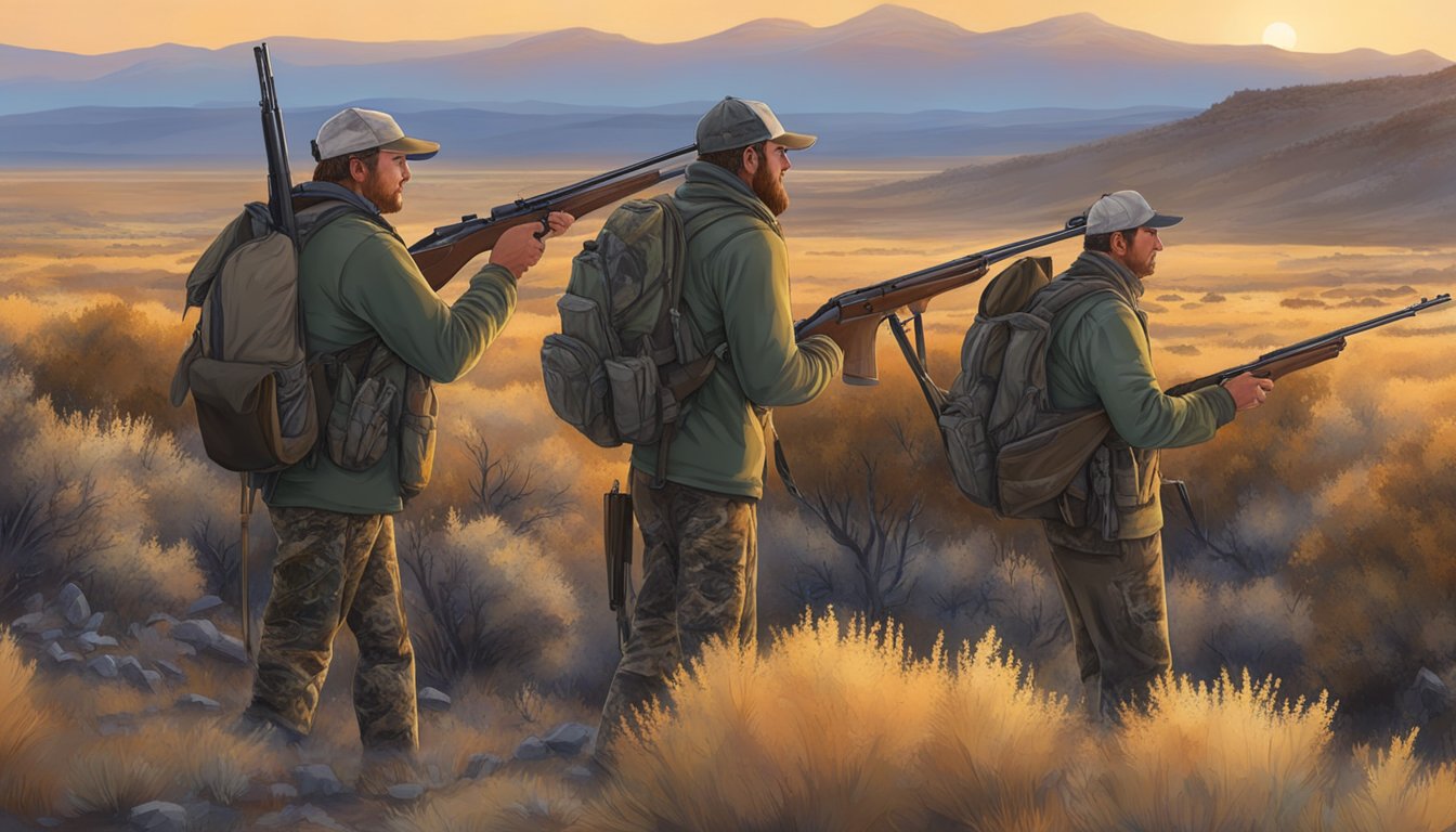 A group of hunters gather gear and load rifles before heading into the sagebrush-covered landscape at dawn for the sage grouse hunting season