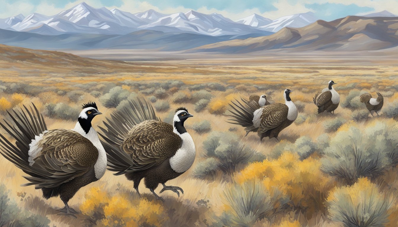 A sagebrush-filled landscape with sage grouse in their natural habitat, with hunters in camouflage gear