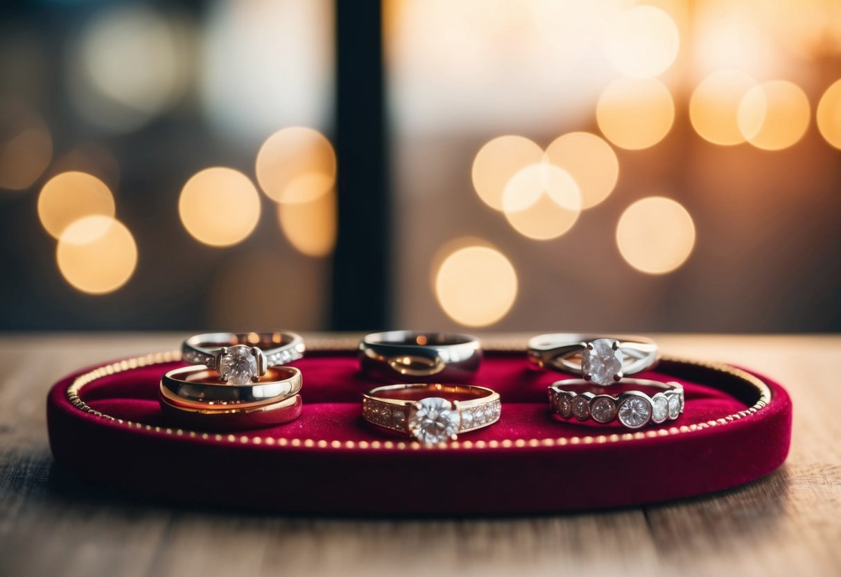 A collection of promise rings displayed on a velvet-lined tray under soft, romantic lighting