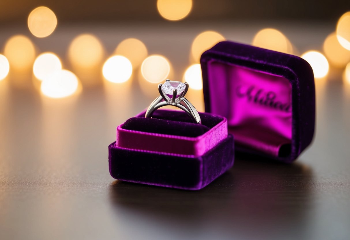 A small velvet box with a glimmering promise ring inside, set against a background of soft candlelight