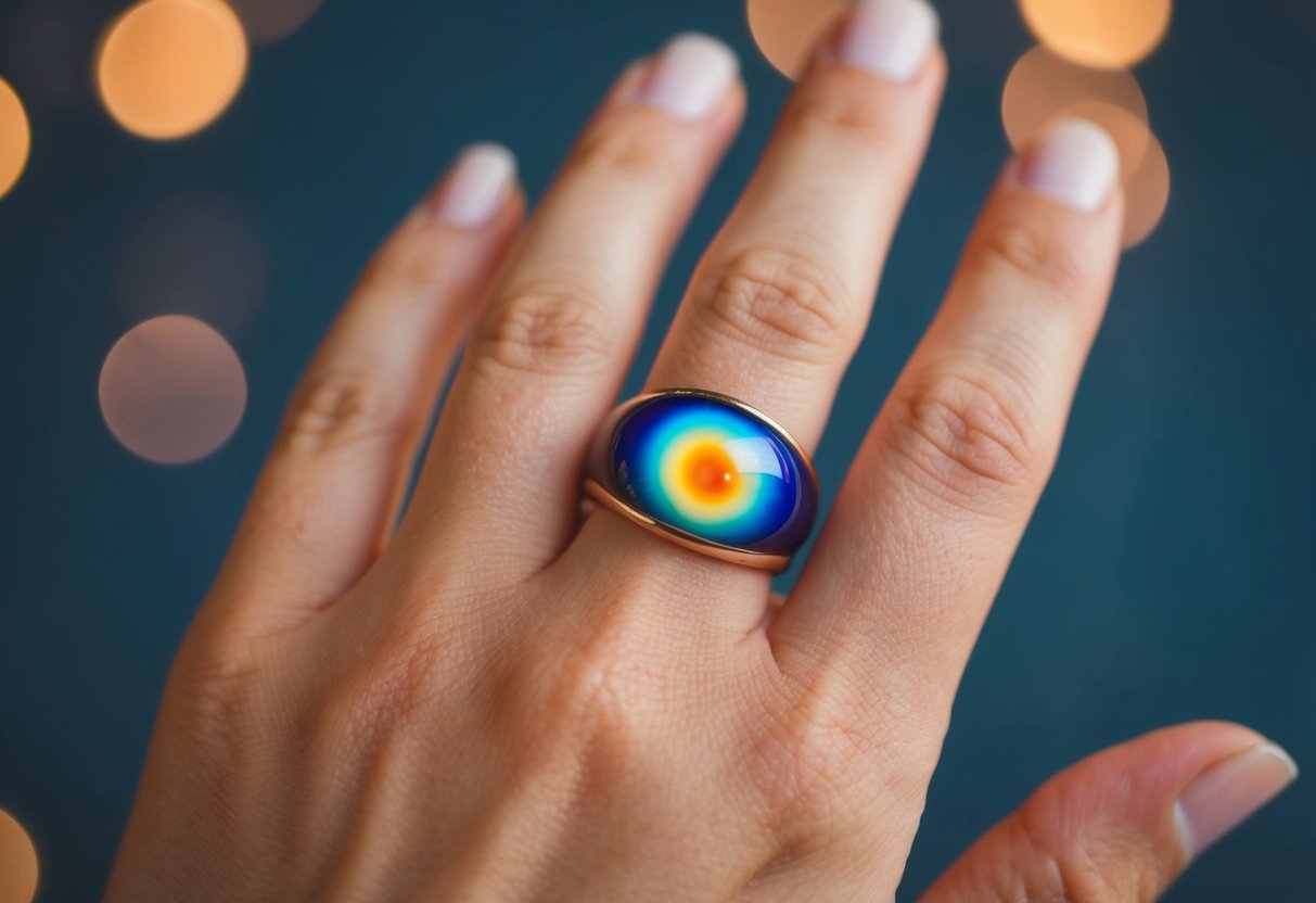 A hand wearing a mood ring, gently rocking back and forth