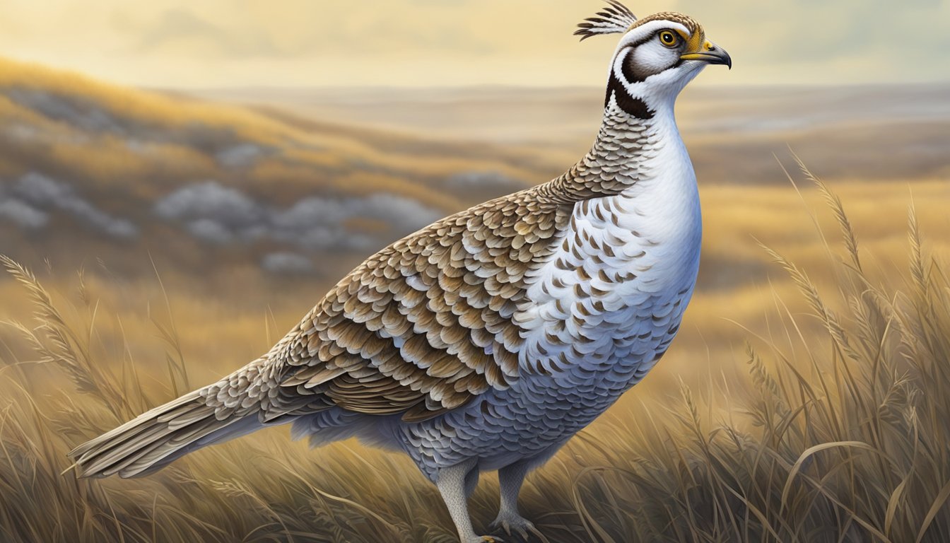 A sharp-tailed grouse perches on a grassy knoll in a prairie habitat during hunting season