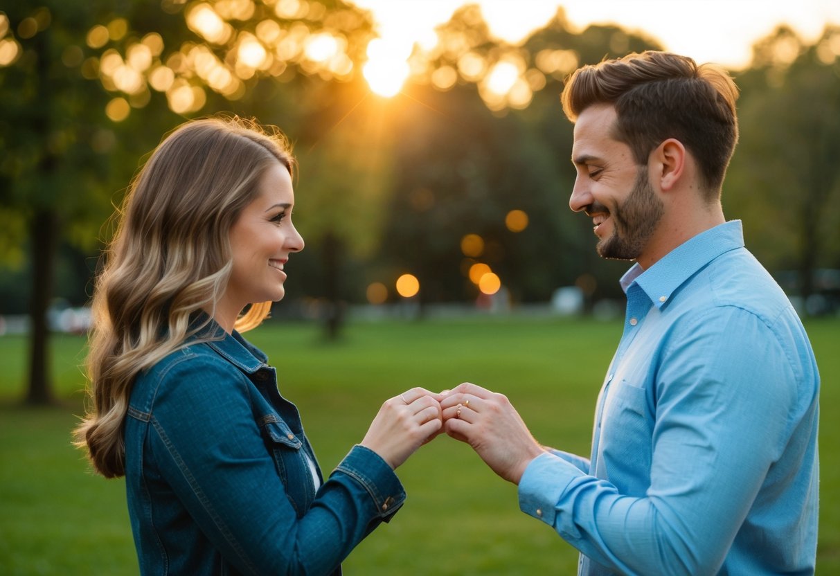 A couple exchanging promise rings in a park at sunset