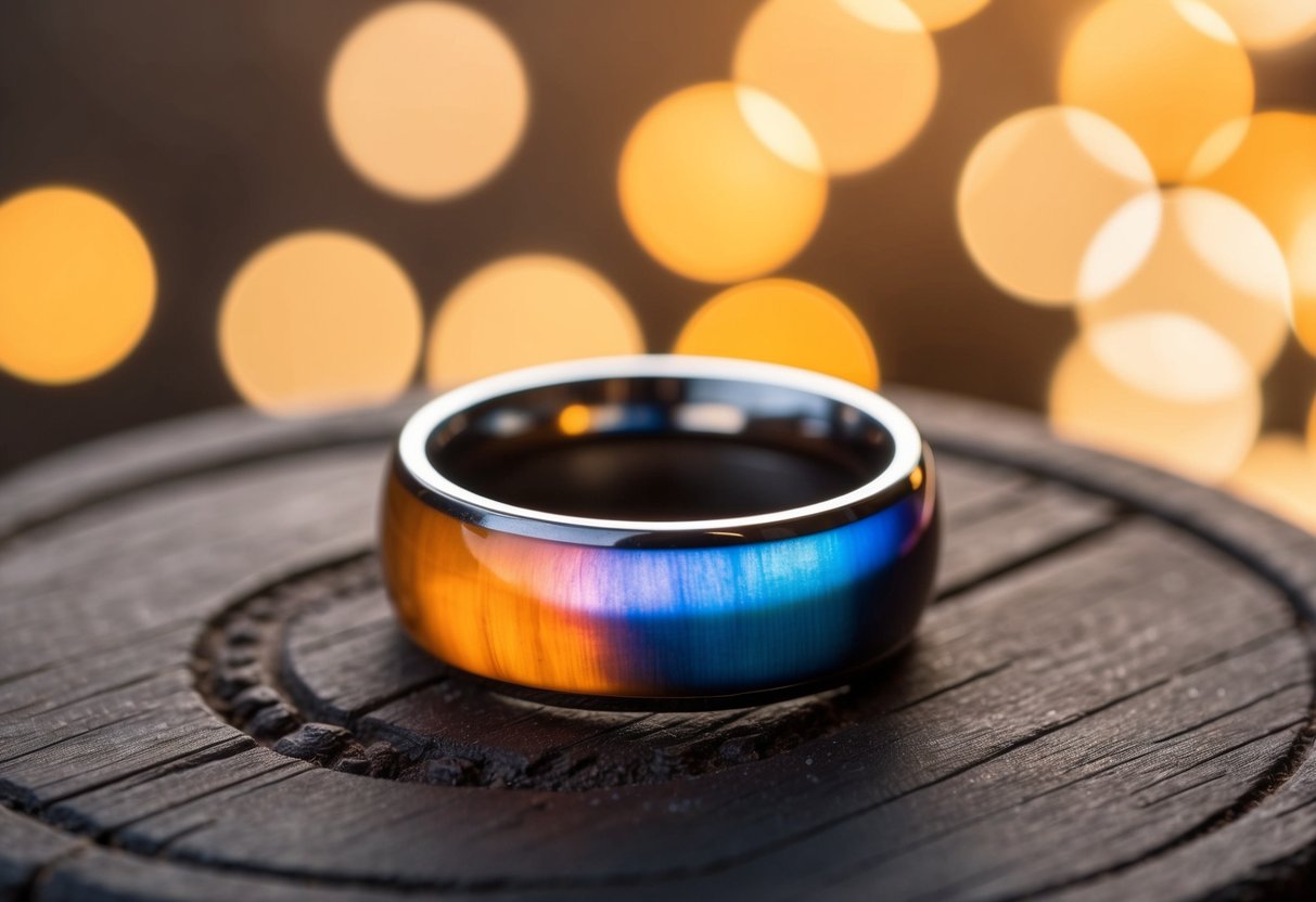 A mood ring resting on a wooden surface, surrounded by soft, warm lighting