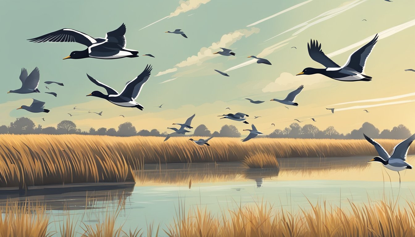 A group of waterfowl and migratory birds flying over a marshland during rail hunting season