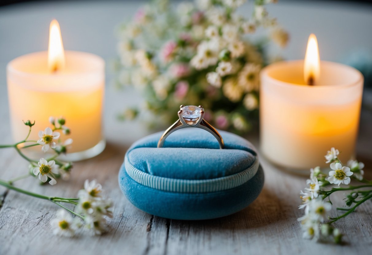 A promise ring placed on a velvet cushion, surrounded by delicate flowers and soft candlelight