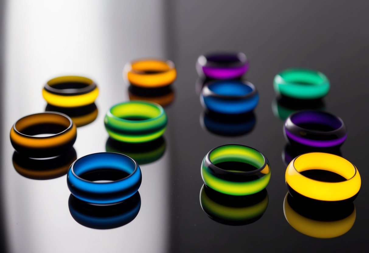 A group of mood rings scattered on a reflective surface, each displaying a different color in response to the ambient temperature