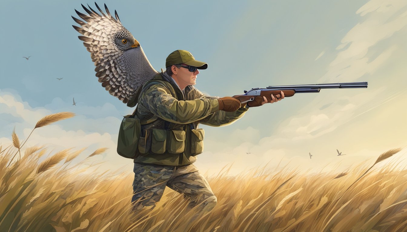 A hunter in camouflage stands in a grassy field, aiming a shotgun at a sharp-tailed grouse. The bird is in mid-flight, with its wings outstretched