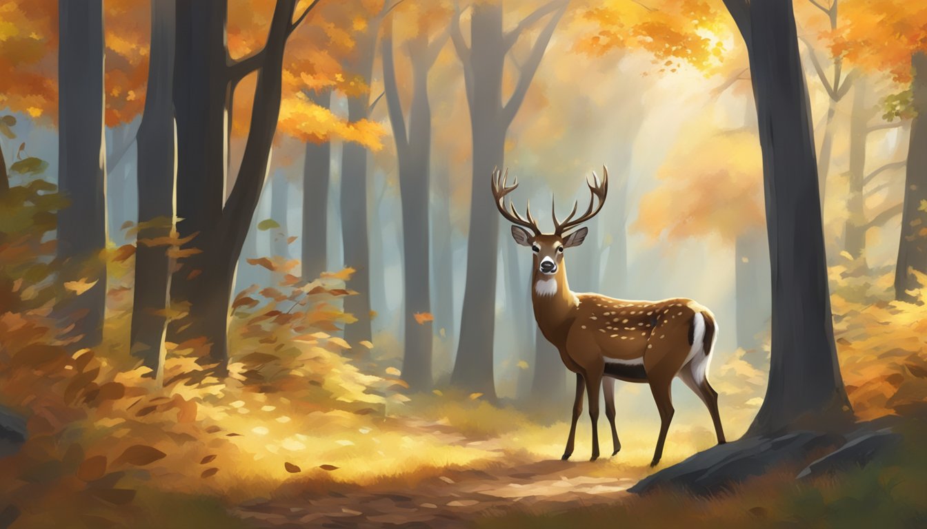 A sika deer grazing in a peaceful forest clearing, surrounded by autumn foliage and dappled sunlight