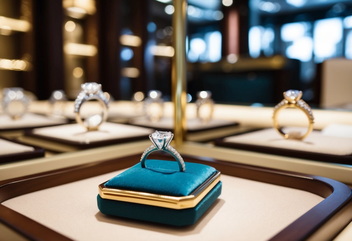 A diamond ring displayed on a velvet cushion in a luxurious jewelry store