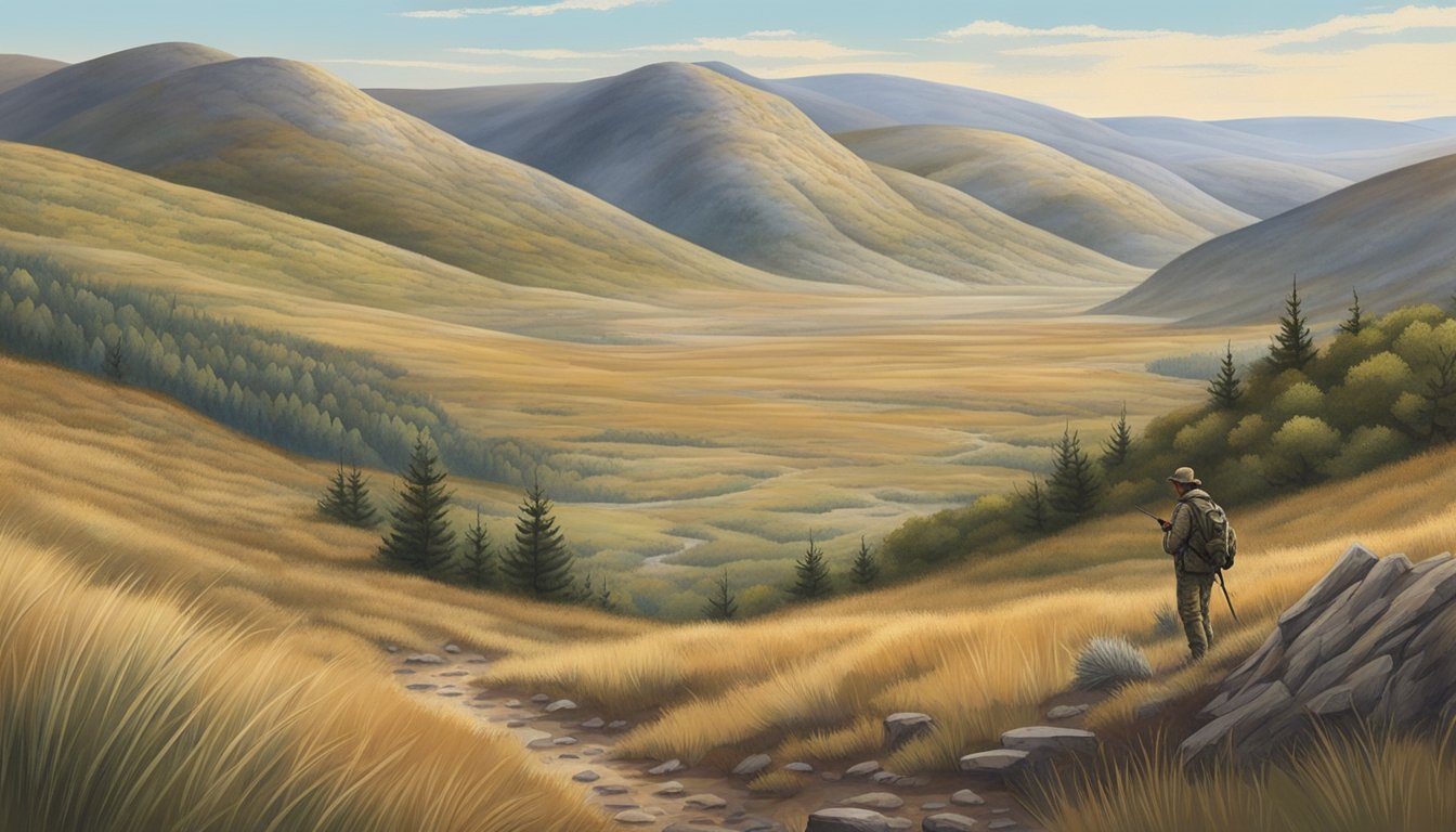 A rugged landscape with rolling hills and grassy fields, dotted with patches of dense brush and trees. A hunter's blind sits in the distance, overlooking a secluded area for sharp-tailed grouse hunting