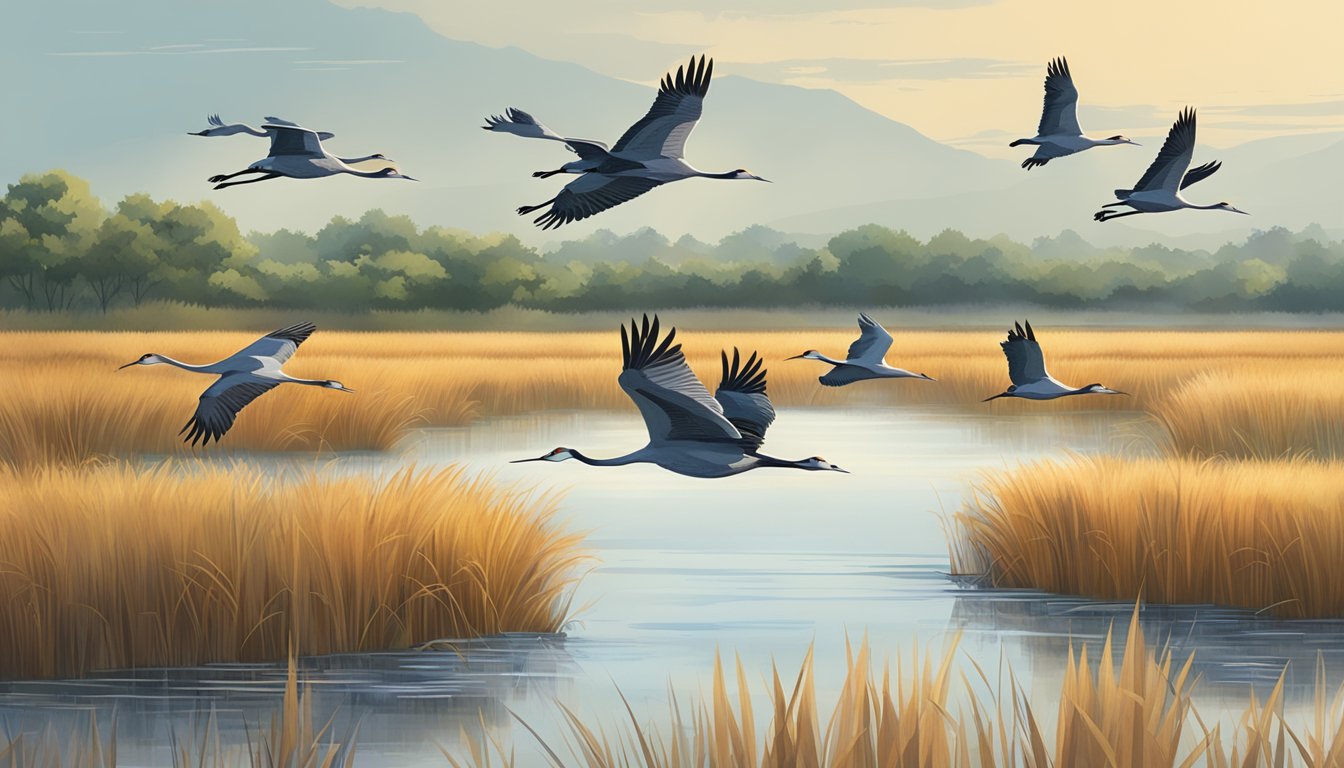 A flock of sandhill cranes flying over a wetland, with tall grass and water in the background