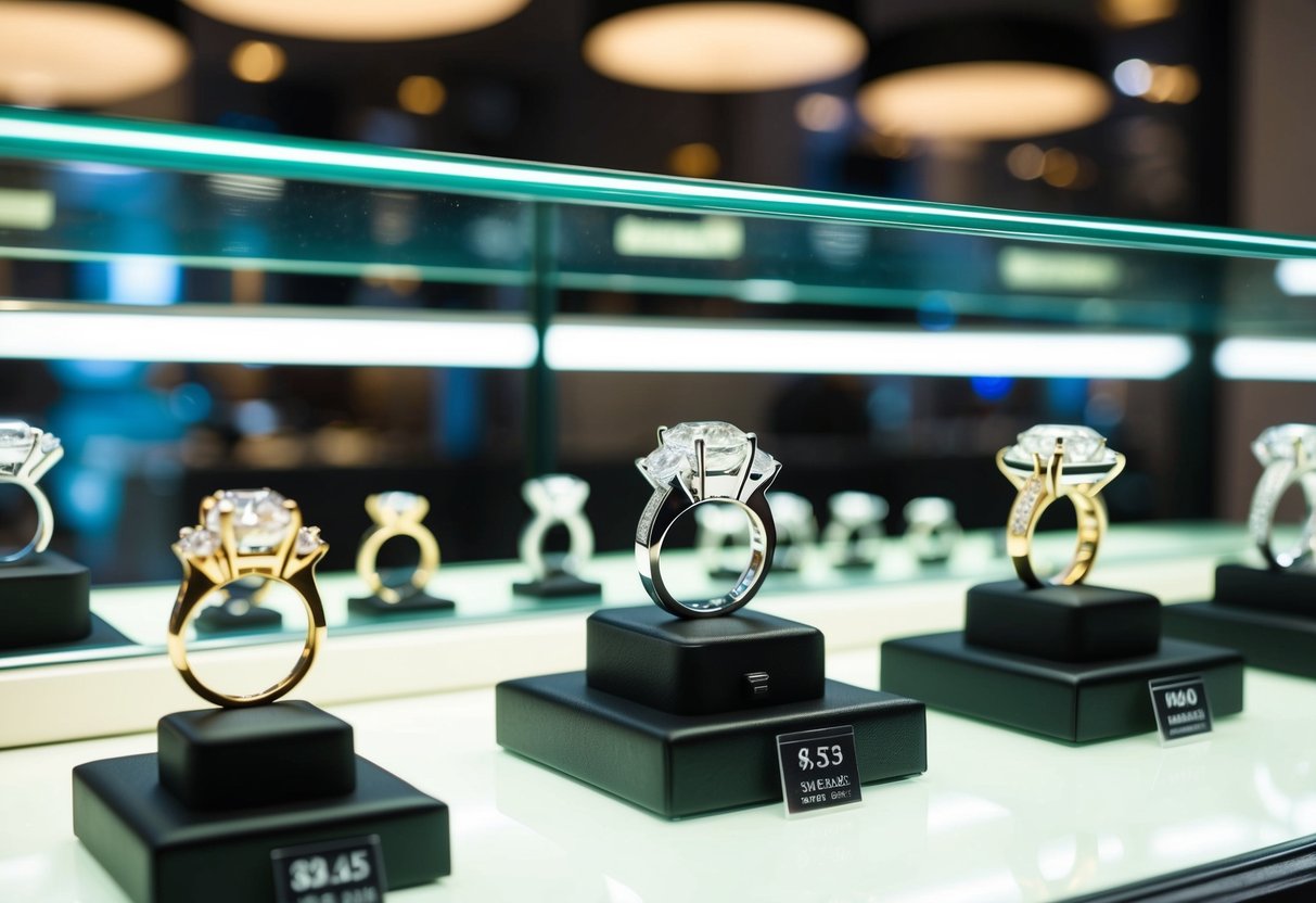 A jeweler displaying various diamond rings in a well-lit glass case, with price tags clearly visible