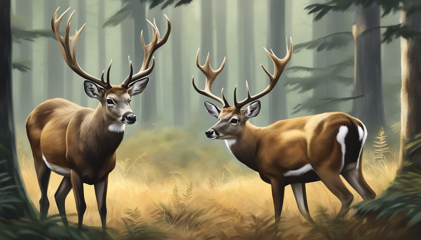 A sika deer and a white-tailed deer face off in a forest clearing during sika deer hunting season