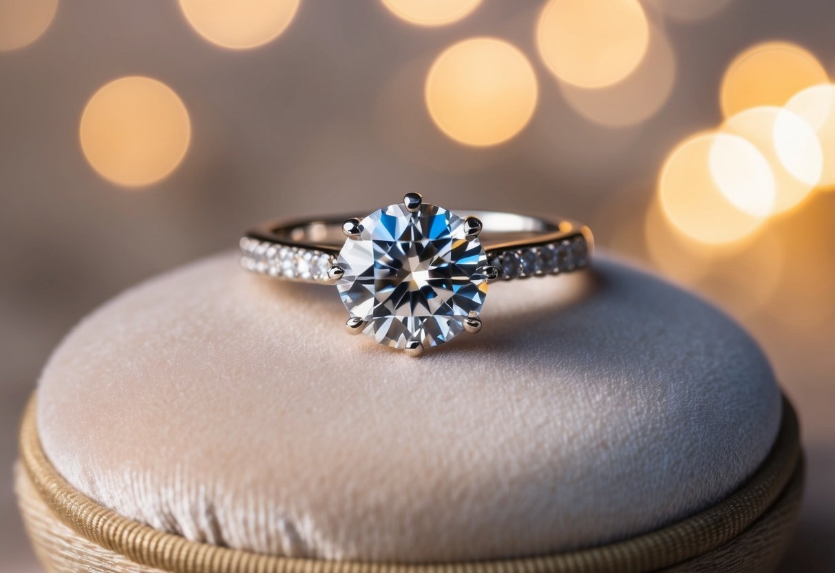 A sparkling diamond ring resting on a soft velvet cushion, surrounded by a gentle glow of warm light