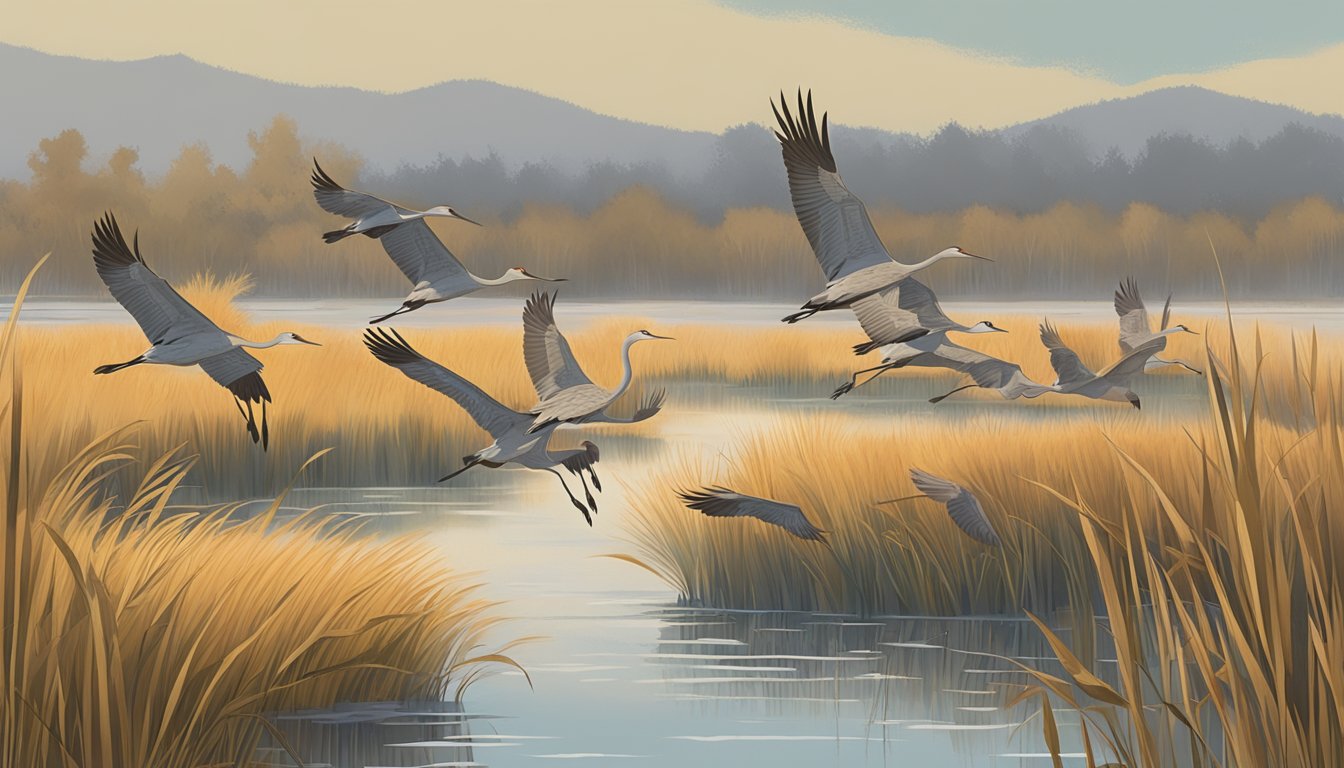 A group of sandhill cranes flying over a marshy wetland area, with tall grasses and cattails in the background