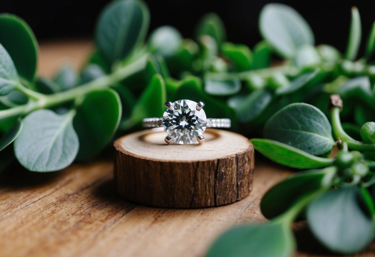 A sparkling diamond ring sits atop a wooden table, surrounded by lush greenery and ethically sourced materials