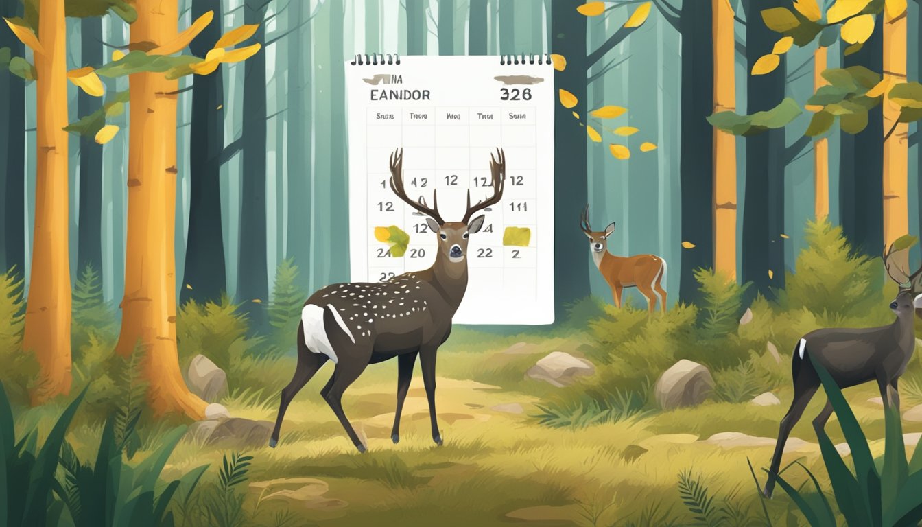 A forest clearing with sika deer, hunting gear, and a calendar marking the hunting season