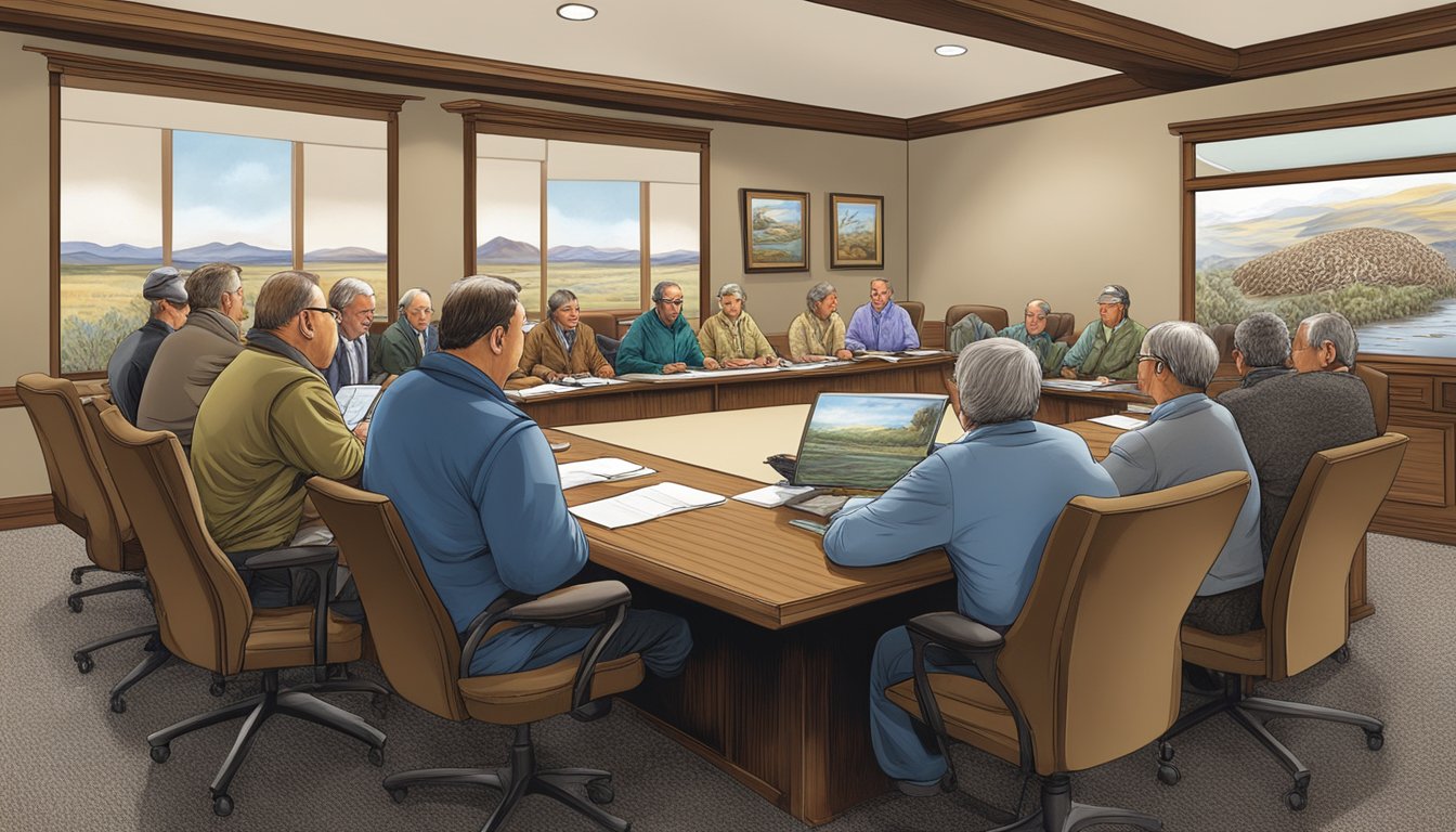 A group of state officials and committee members discussing the regulations for sharp-tailed grouse hunting season in a conference room adorned with wildlife artwork