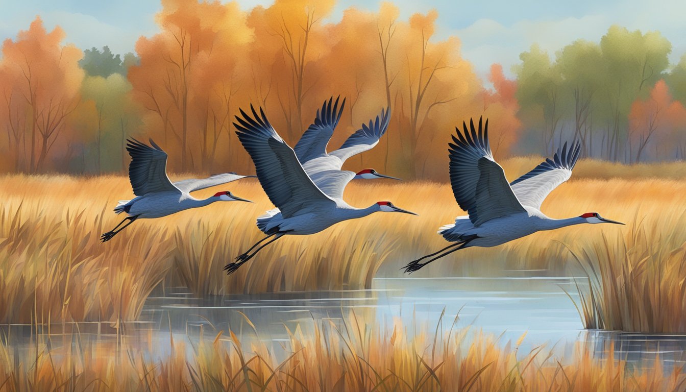 A group of sandhill cranes flying over a marshy wetland, surrounded by tall grasses and cattails, with the colors of autumn foliage in the background