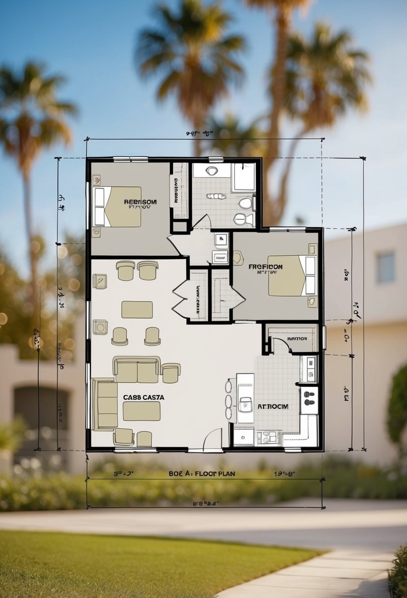 A detailed floor plan of a boxabl casita, showing the layout and dimensions of the rooms, windows, and doors