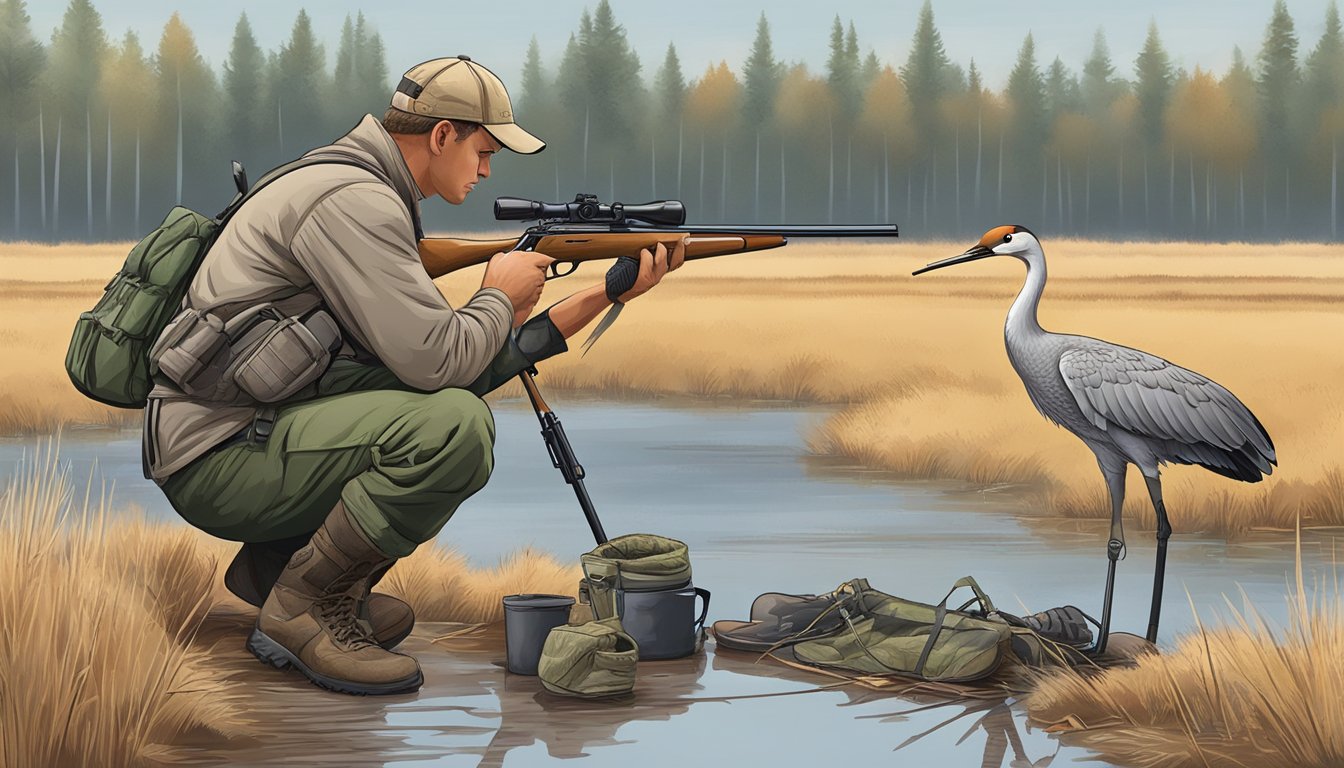 A hunter gathering gear and checking firearms for sandhill crane hunting season