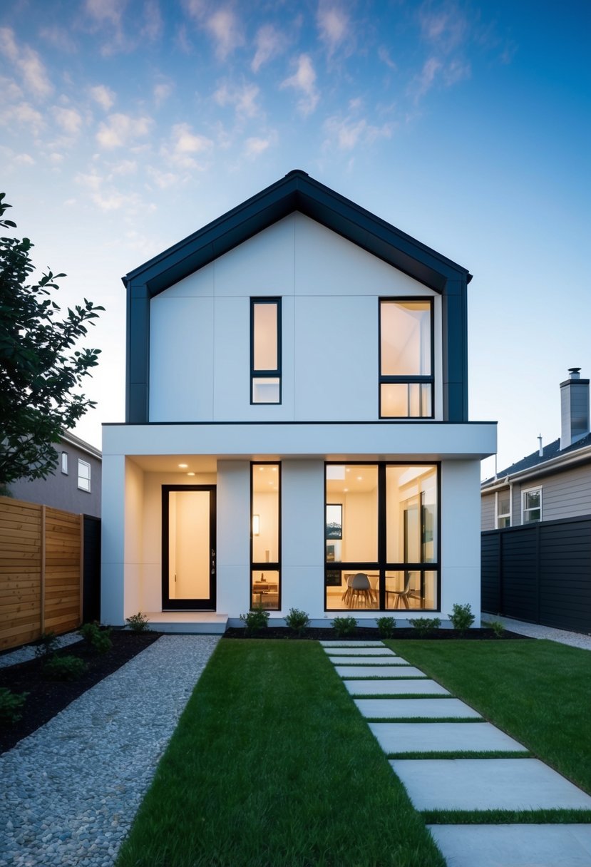 A modern, compact house with clean lines and large windows, surrounded by a neatly landscaped yard