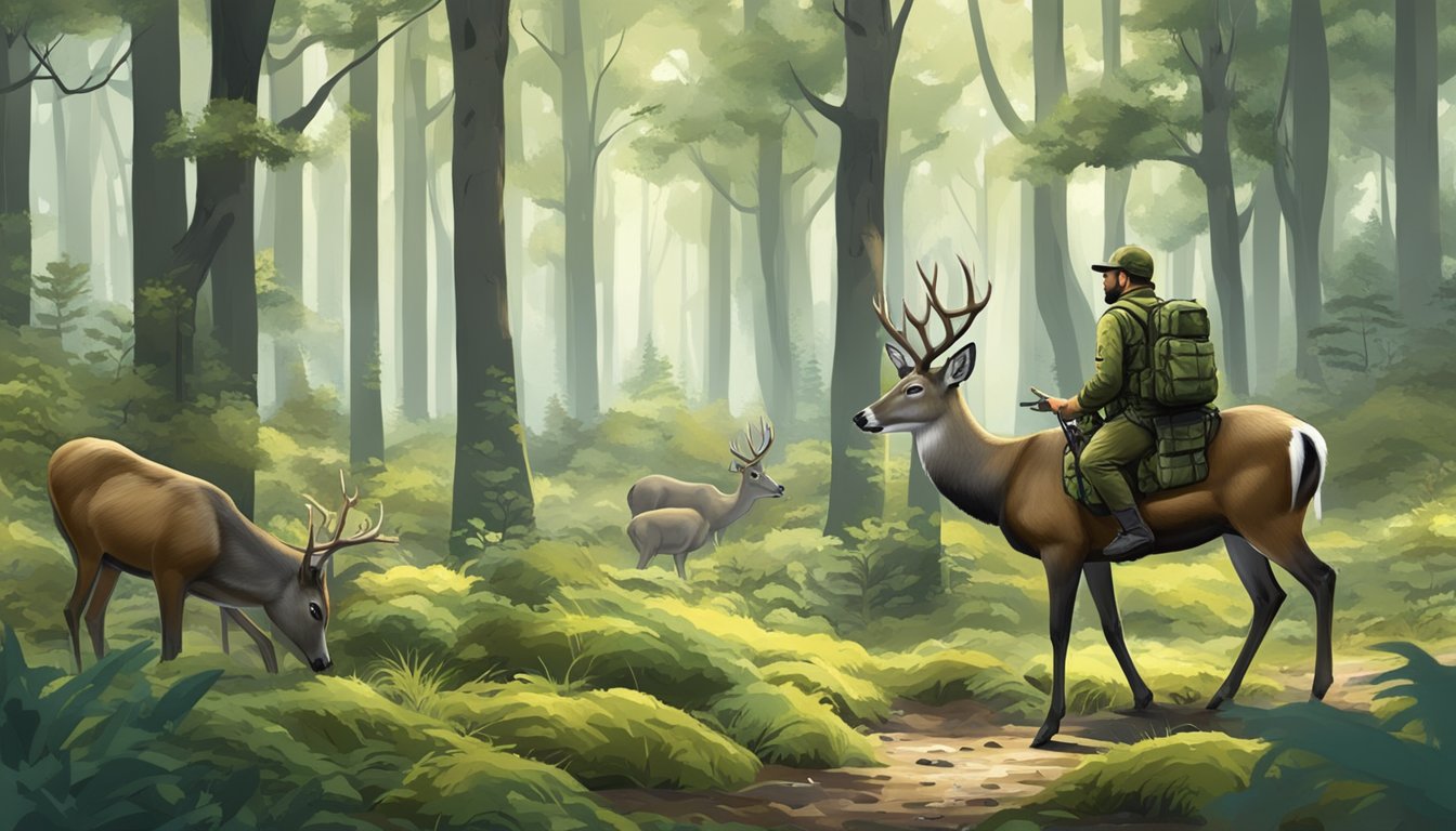 A dense forest with sika deer grazing in a clearing, while hunters in camouflage gear set up their equipment for the hunting season