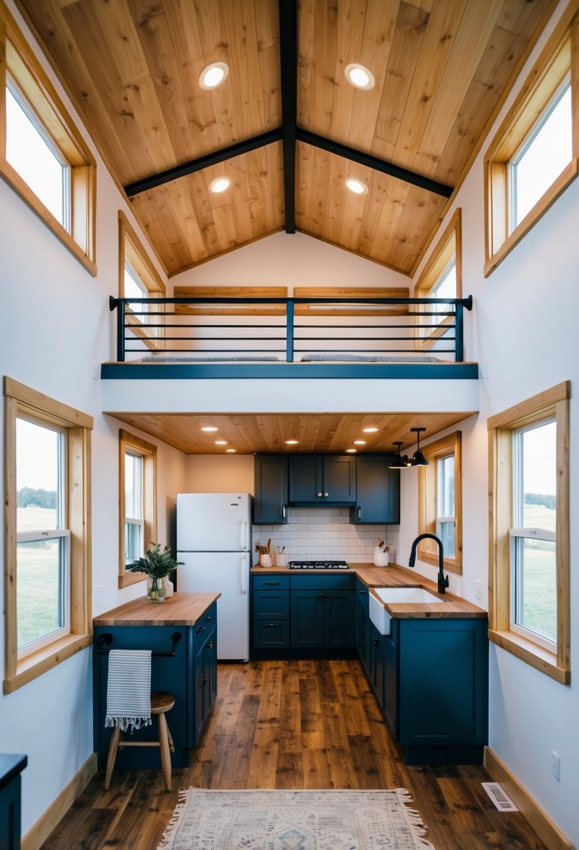 A spacious Tiny House floor plan with open living area, kitchen, bathroom, and sleeping loft