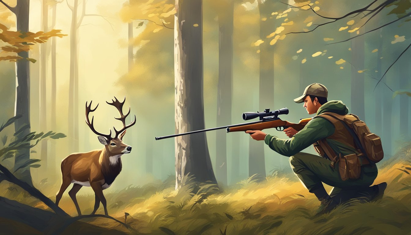 A hunter aiming at a sika deer in a forest clearing during hunting season