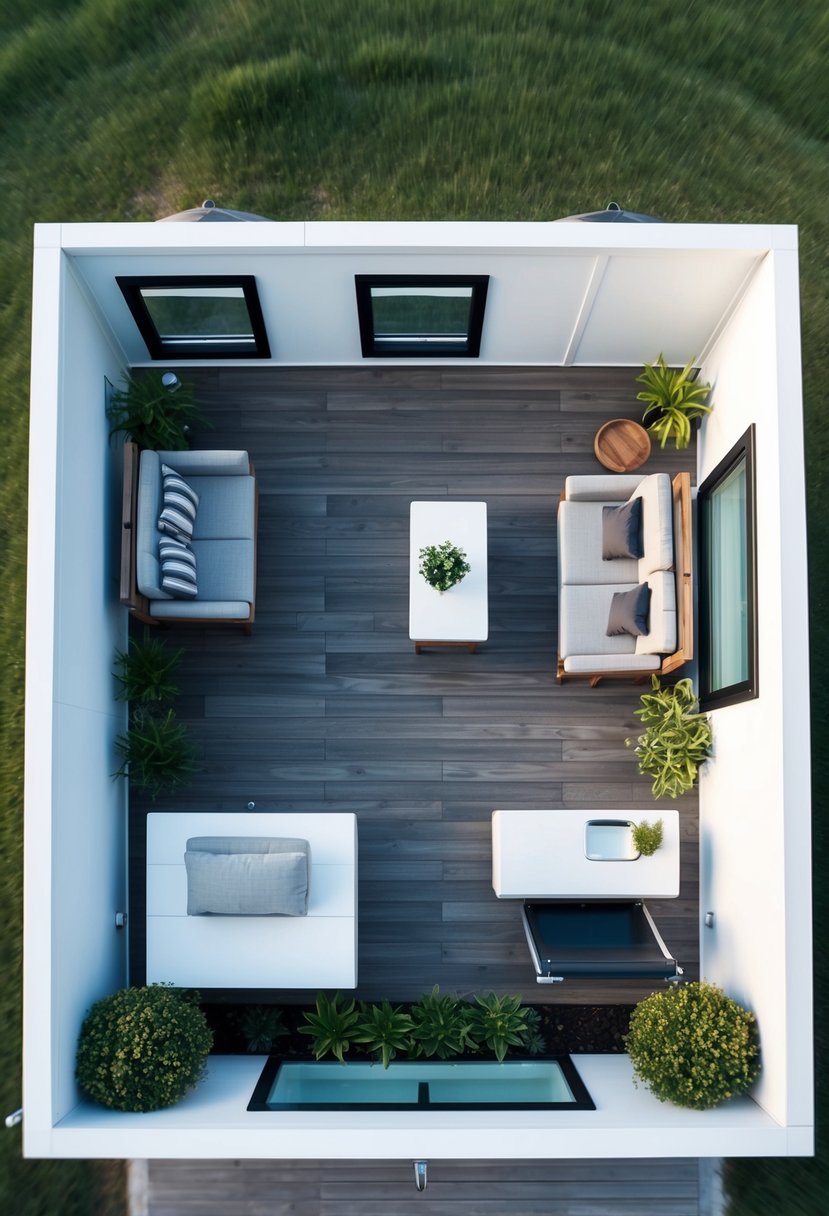 A bird's-eye view of a modern, compact Tiny Home floor plan with sleek design and functional layout