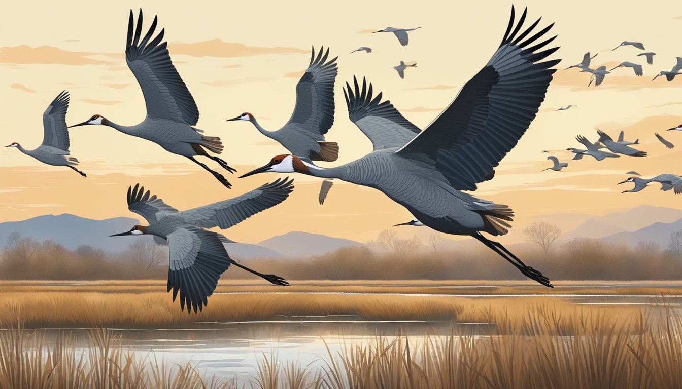 A flock of sandhill cranes flying over a wetland, with hunters and conservationists monitoring the area