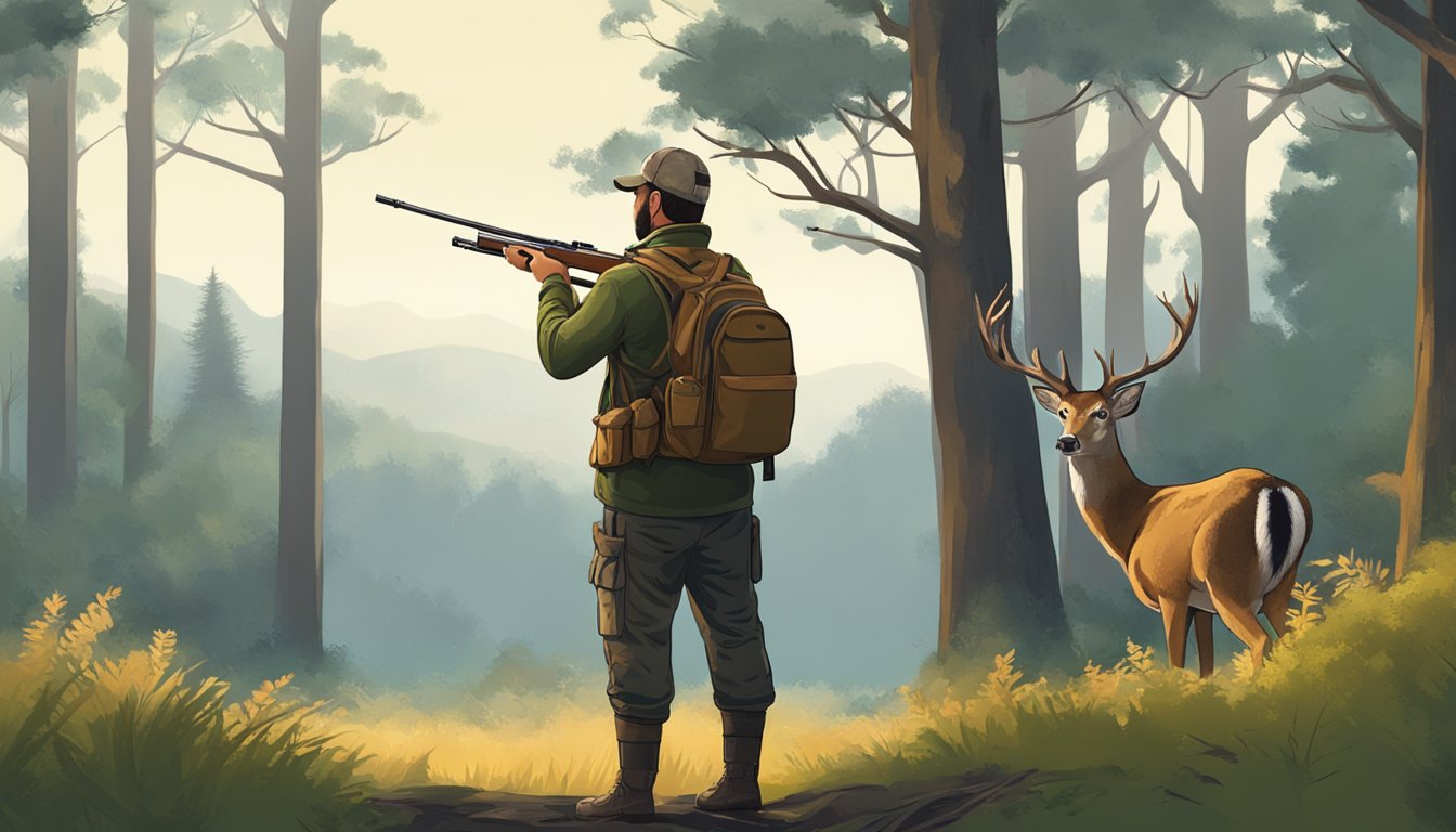 A hunter with a rifle, standing in a wooded area, observing a sika deer. The deer is surrounded by trees and bushes, with a clear sky above