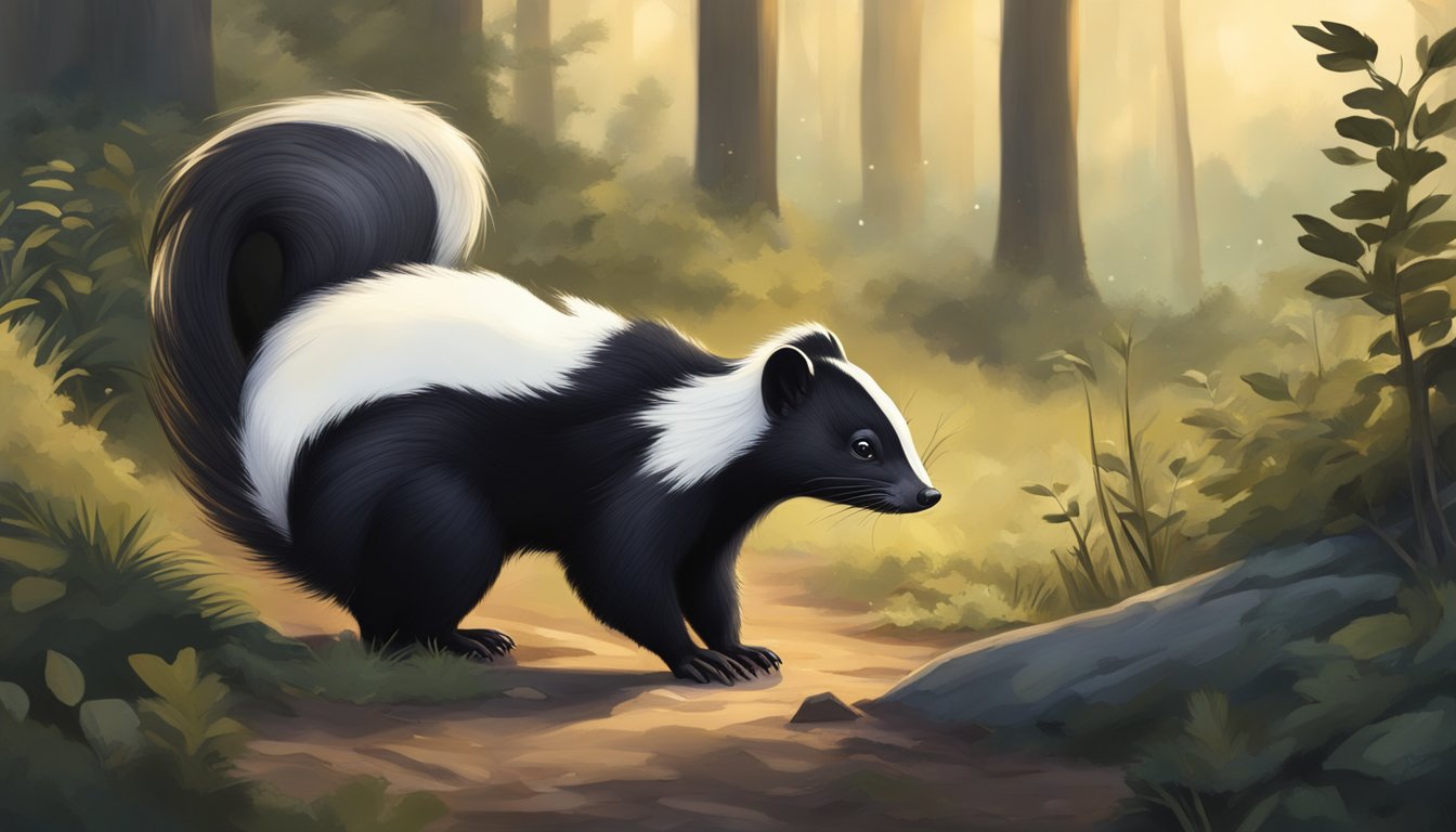 A skunk with its distinctive black and white fur, bushy tail, and small, pointed face, foraging for food in a wooded area at dusk