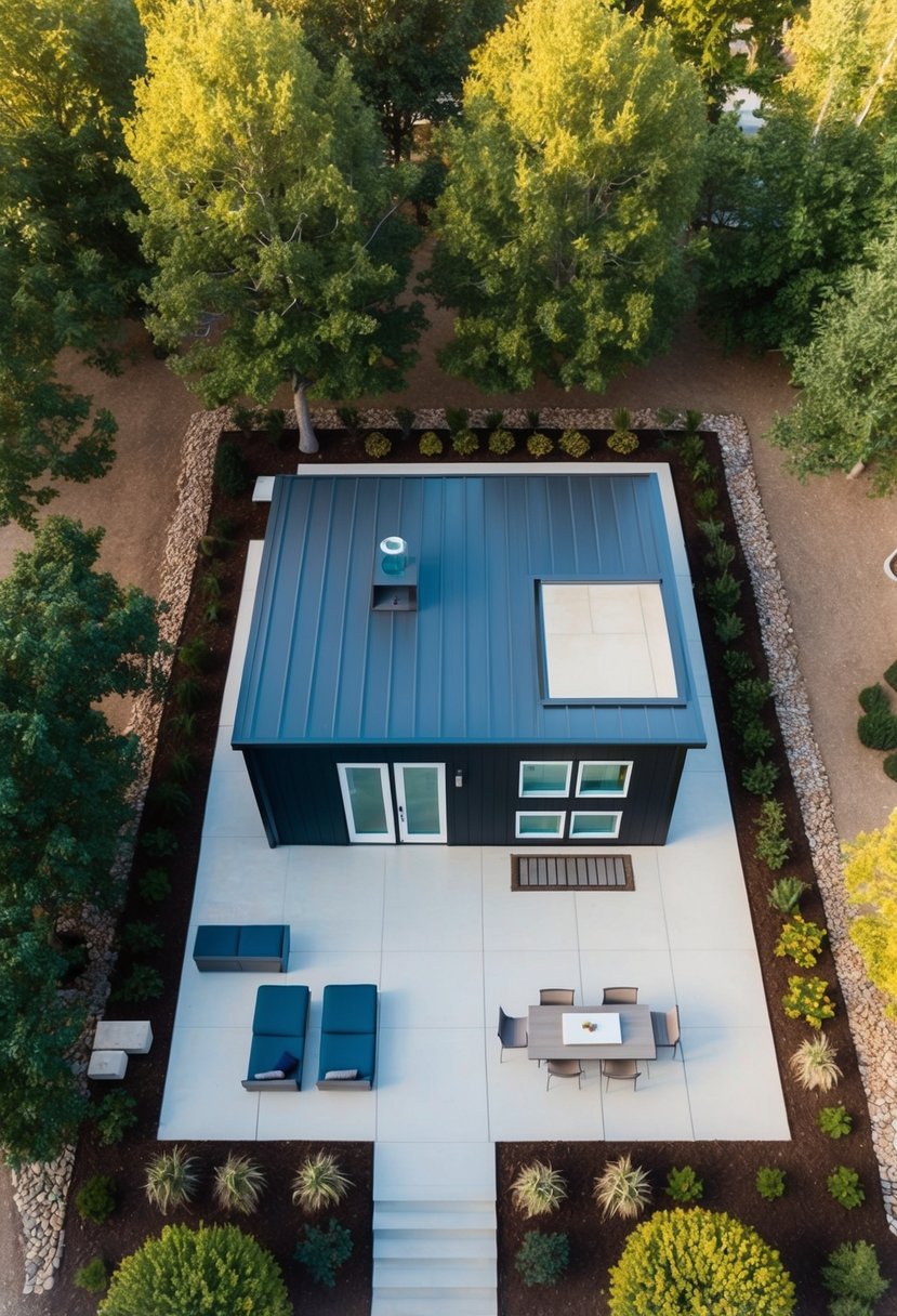 A bird's-eye view of a modern, compact Boxabl Casita with floor plans laid out, surrounded by trees and landscaping